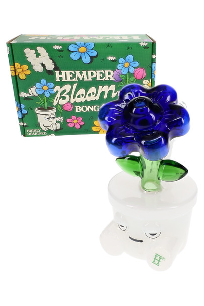 Hemper Bloom bong with green retail box, blue flower top and white character base—wholesale bong for resale