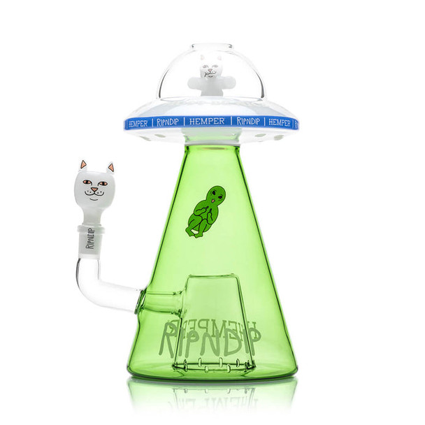 Front angle UFO XL bong with green alien graphic and Lord Nermal bowl—wholesale glass bong for display cases