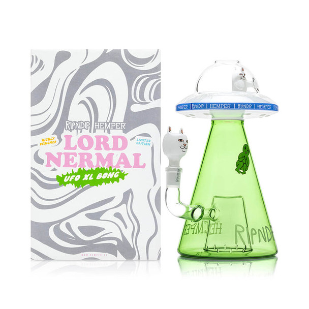 Boxed Lord Nermal UFO XL bong set, collab packaging beside green glass piece—head-shop supplies for resale