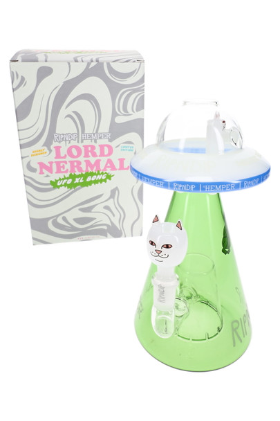 RIPNDIP x Hemper Lord Nermal UFO XL bong with box, green cone body and cat bowl—wholesale bong showcase
