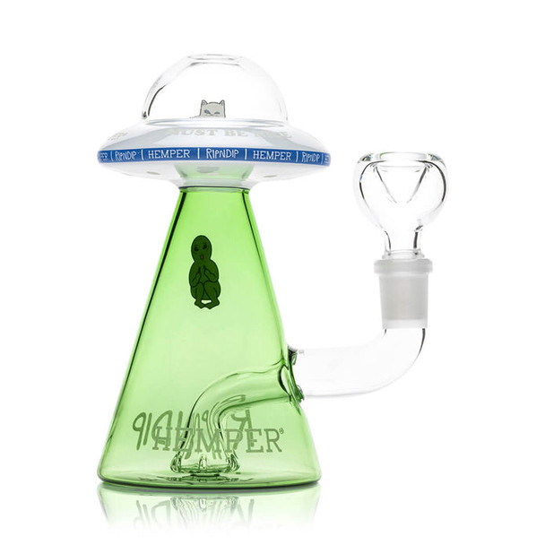 Back-angle view of UFO bong showing clear dome and green base with branding, wholesale bong product photo
