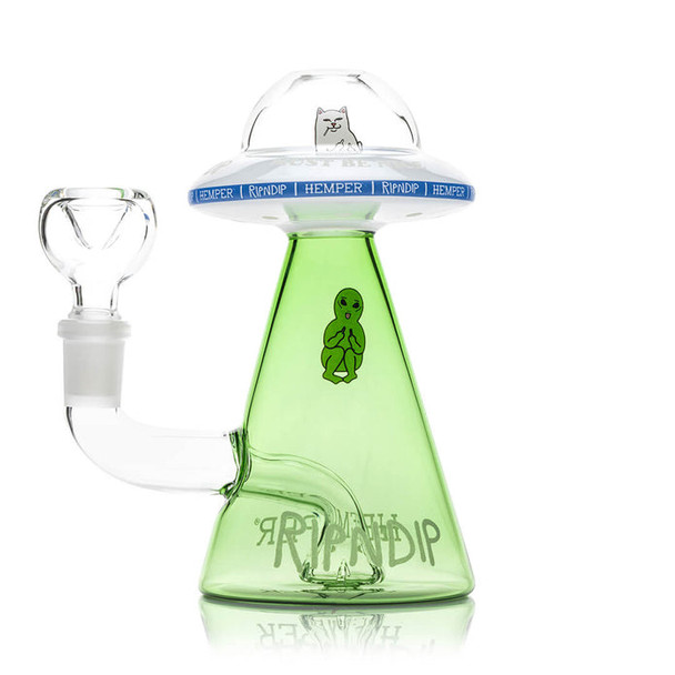 Front view Lord Nermal UFO bong with clear dome and green base, smoke shop resale piece with bowl installed