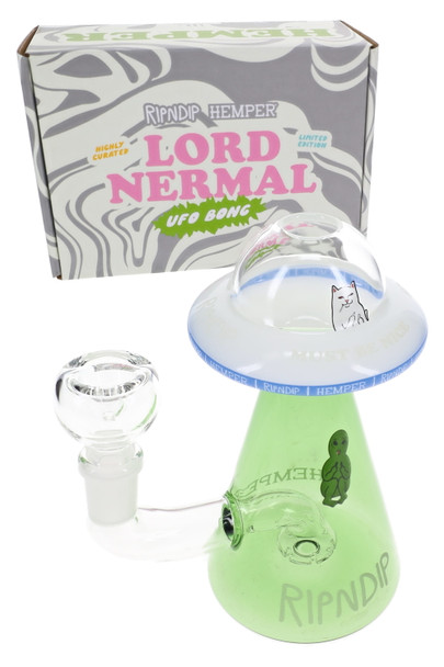 RIPNDIP x Hemper Lord Nermal UFO glass bong with green cone base, wholesale bong hero front view