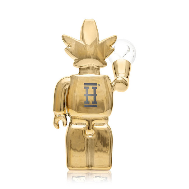 Back view mirror-gold Weedbrick bong with large “H” logo and clear bowl, wholesale head-shop supplies image