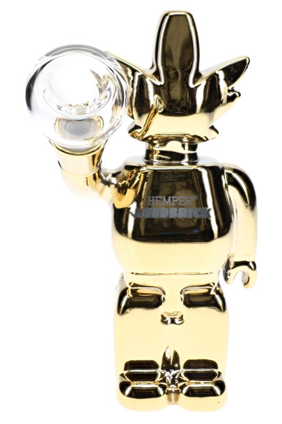 Front close-up Weedbrick mirror-gold glass bong holding clear bowl, compact retail smoke gear for resale