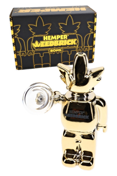 Boxed Hemper Weedbrick mirror-gold glass bong with clear bowl, wholesale smoke shop display-case piece