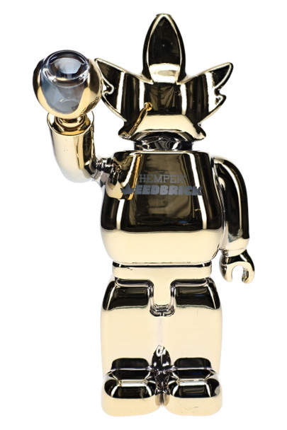 Front view mirror-gold Weedbrick XL glass bong holding clear bowl, head-shop supplies showcase hero piece