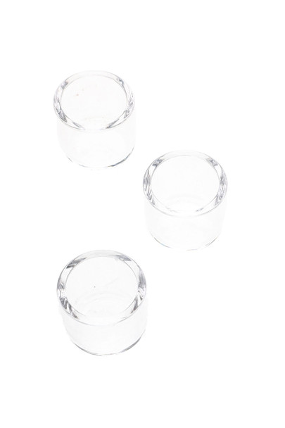 Three clear 19 mm quartz bucket inserts for dab accessory resale, top-down product image on white background