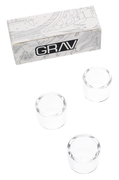 Clear quartz bucket inserts with GRAV retail box, concentrate accessory 3-pack shown in angled packaging view