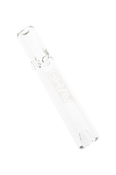Clear 4.5" GRAV mini steamroller for smoke shop resale, borosilicate glass pipe shown in angled close-up view