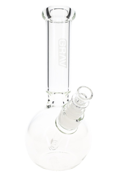 Clear 9.5" GRAV round base bong for head-shop supplies, medium borosilicate glass water pipe in angled close-up
