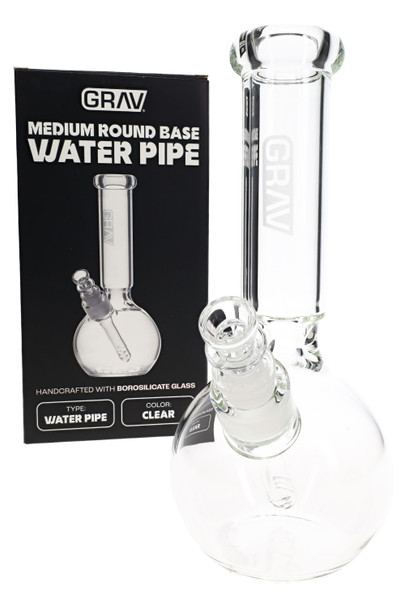Clear 9.5" GRAV round base bong with retail box for smoke shop resale, borosilicate water pipe in packaging view