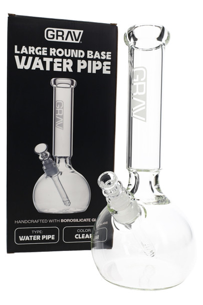 Clear 12" GRAV round base bong with retail box for smoke shop resale, borosilicate water pipe in packaging view
