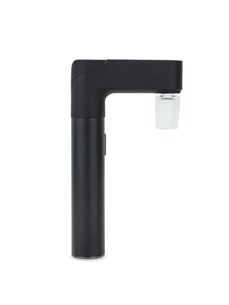 Puffco Pivot glass adapter mounted on device body, Onyx finish shown for premium vape accessory merchandising