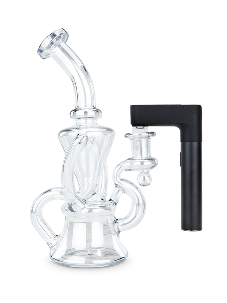Puffco glass adapter connected to clear glass rig, Onyx accessory shown as a premium concentrate hardware add-on