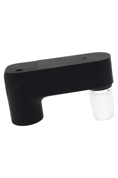 Onyx Puffco Pivot glass adapter close-up for head-shop supplies, side angle with frosted glass joint attached