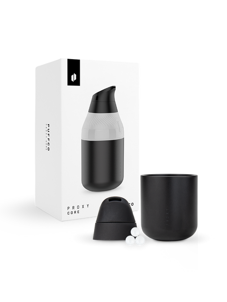 Puffco Proxy Core boxed set for wholesale vape accessories, black cup, mouthpiece, and three ceramic terp pearls