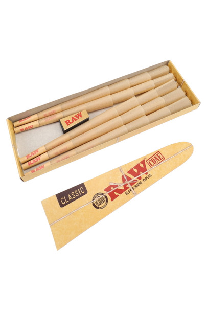 Open RAW Classic King Size cone pack for retail smoke gear, kraft tray showing pre-rolled cones and foldable funnel lid