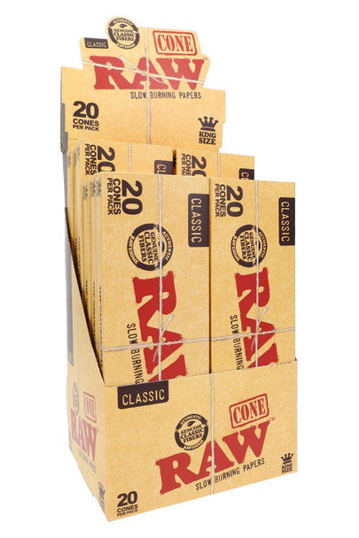RAW Classic King Size cone display for wholesale rolling accessory resale, open 12-pack counter box with kraft packs visible