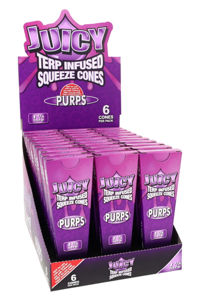 Juicy Jays 1 1/4 squeeze cone display for wholesale rolling accessory resale, purple 30-pack Purps counter box
