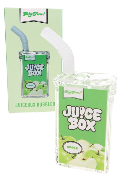 BigFun wholesale glass bubbler with apple juice box design and retail packaging, front product shot