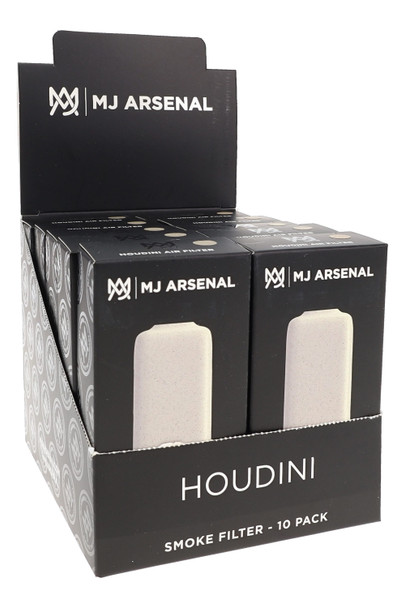 MJ Arsenal Houdini countertop display with 10-pack retail smoke gear boxes in black shelf-ready tray