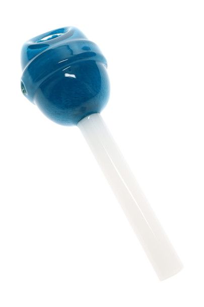Blue Razz blue 4.5" BigFun glass hand pipe for wholesale display, angled close-up with white stem
