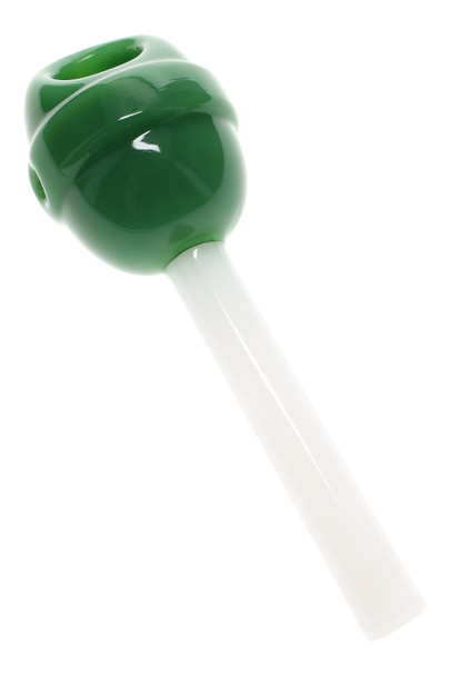 Sour Apple green 4.5" BigFun glass hand pipe for retail smoke gear, angled close-up with white stem