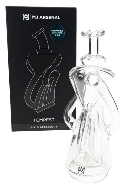 MJ Arsenal Tempest wholesale Peak attachment with retail box, clear borosilicate recycler top front packaging shot