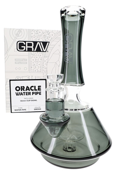 GRAV Smoke Oracle wholesale water pipe in smoke-tinted borosilicate glass, front angle with branded box