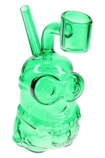Green glass Little Worker dab rig with character-style body, compact smoke-shop dab rig front angle