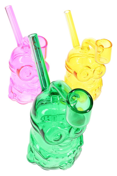 Colorful glass Little Worker dab rigs in assorted translucent finishes, novelty wholesale mini rig group view