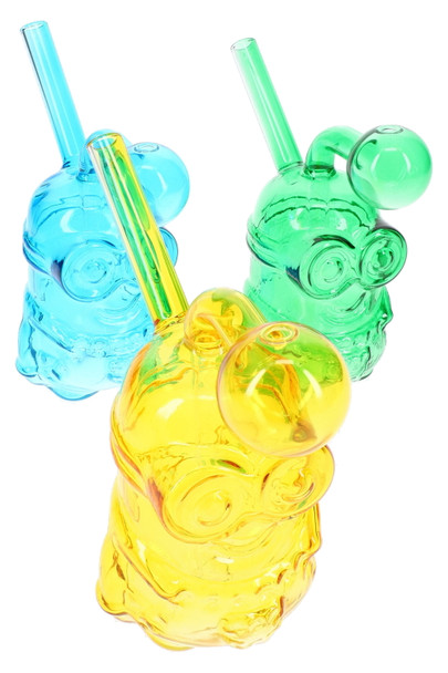 Assorted 5" glass oil burner rigs in blue, green, and yellow, front angle for wholesale smoke shop inventory