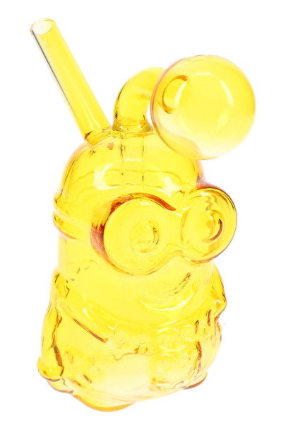 Yellow 5" glass oil burner rig with little worker character body, front view for retail smoke gear displays
