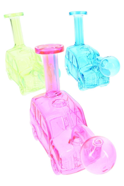 Assorted 5" glass car oil burner rigs in pink, blue, and green, angled view for wholesale smoke shop displays