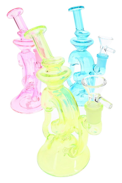 Assorted 7" funky recycler water pipes in pink, blue, and neon green glass for wholesale smoke shop displays