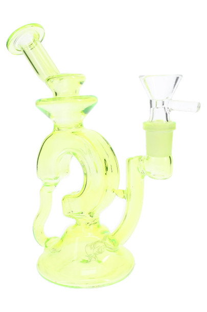 Neon green 7" stemless recycler water pipe with 14.5 mm male bowl, front angle for retail smoke gear cases
