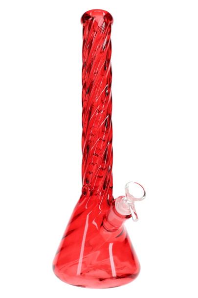 Red 14.5" twisted glass beaker water pipe with ice pinch and clear bowl, angled view for retail smoke gear cases