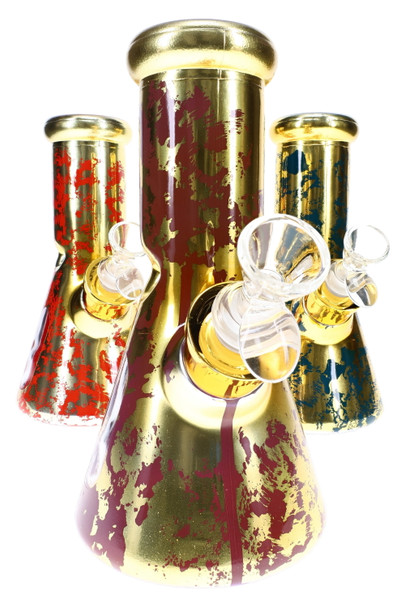 Assorted 8" metallic splatter beaker water pipes with gold finish, front view for retail smoke gear displays