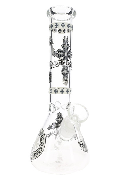 Clear 10" glow in the dark beaker water pipe with cross decal and ice pinch, angled view for retail smoke gear cases
