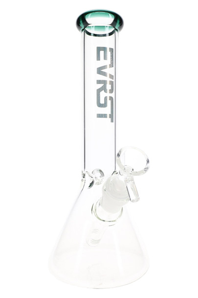 10" clear EVRST glass beaker water pipe with blue rim and ice pinch, angled view for retail smoke gear displays