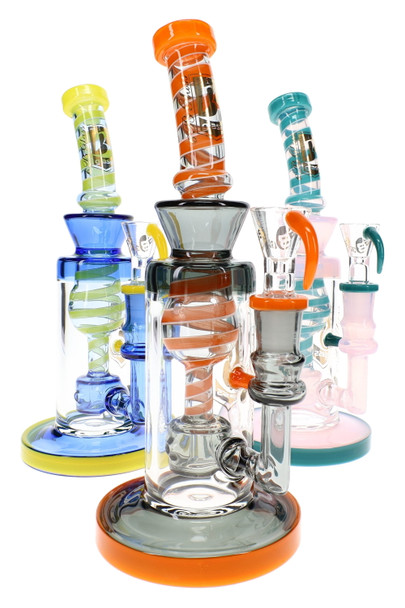 Assorted 9" wholesale water pipes in blue, gray-orange, and pink-teal with stemless bodies and striped necks.