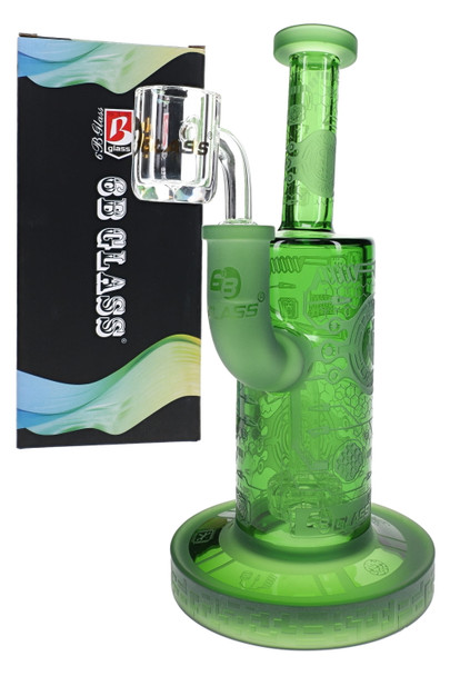Green 8" wholesale dab rig with frosted biotech pattern, clear banger, and branded box for showcase display.