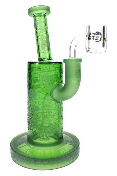 Green 8" wholesale dab rig with frosted bent neck, showerhead perc, and clear quartz banger on white background.