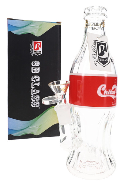 Clear 8.5" wholesale water pipe with red soda-style label, 14.5 mm bowl, and retail box for smoke shop display.