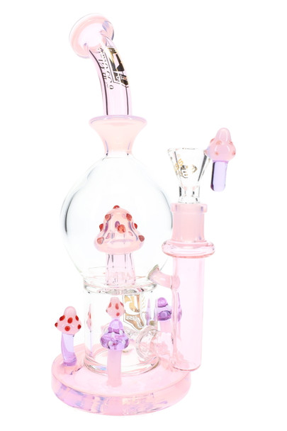 Pink 10" wholesale water pipe with clear globe chamber, inline perc, and colorful mushroom accents on the base.