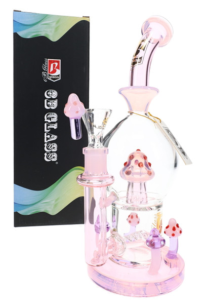 Pink 10" wholesale water pipe with inline perc, mushroom accents, clear 14.5 mm bowl, and 6B Glass retail box.