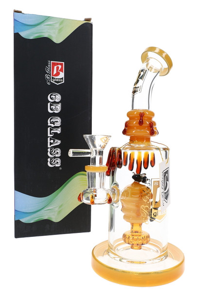 Amber 9.5" wholesale water pipe with beehive centerpiece, bee accents, showerhead perc, and retail box.