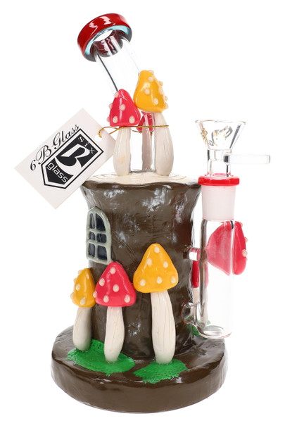 8" wholesale water pipe with brown mushroom-house body, red and yellow resin caps, and clear 14.5 mm bowl.