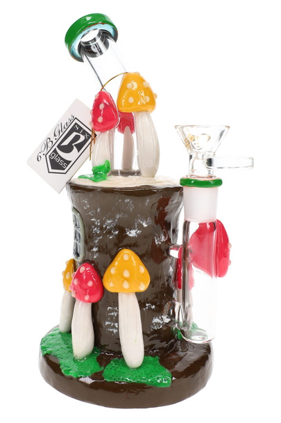 8" wholesale water pipe with green mushroom cap top, resin cottage body, and clear inline perc side chamber.